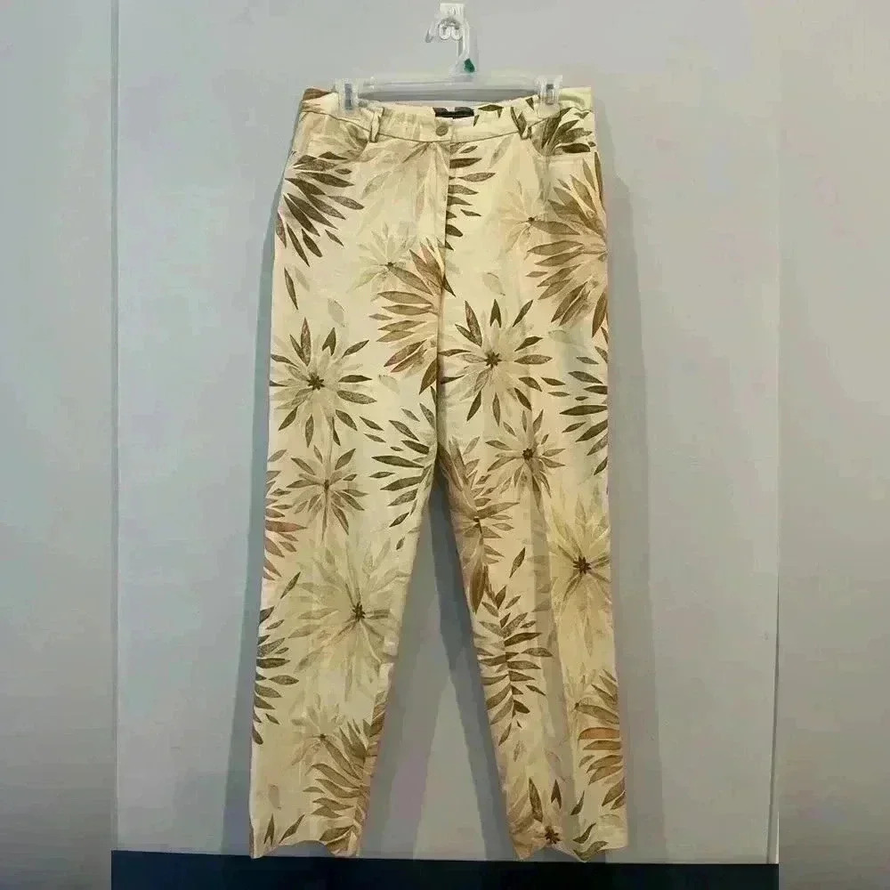 J. Mclaughlin Lexi Pants Women’s Size 10 Brown all over Floral Print 100% Cotton
